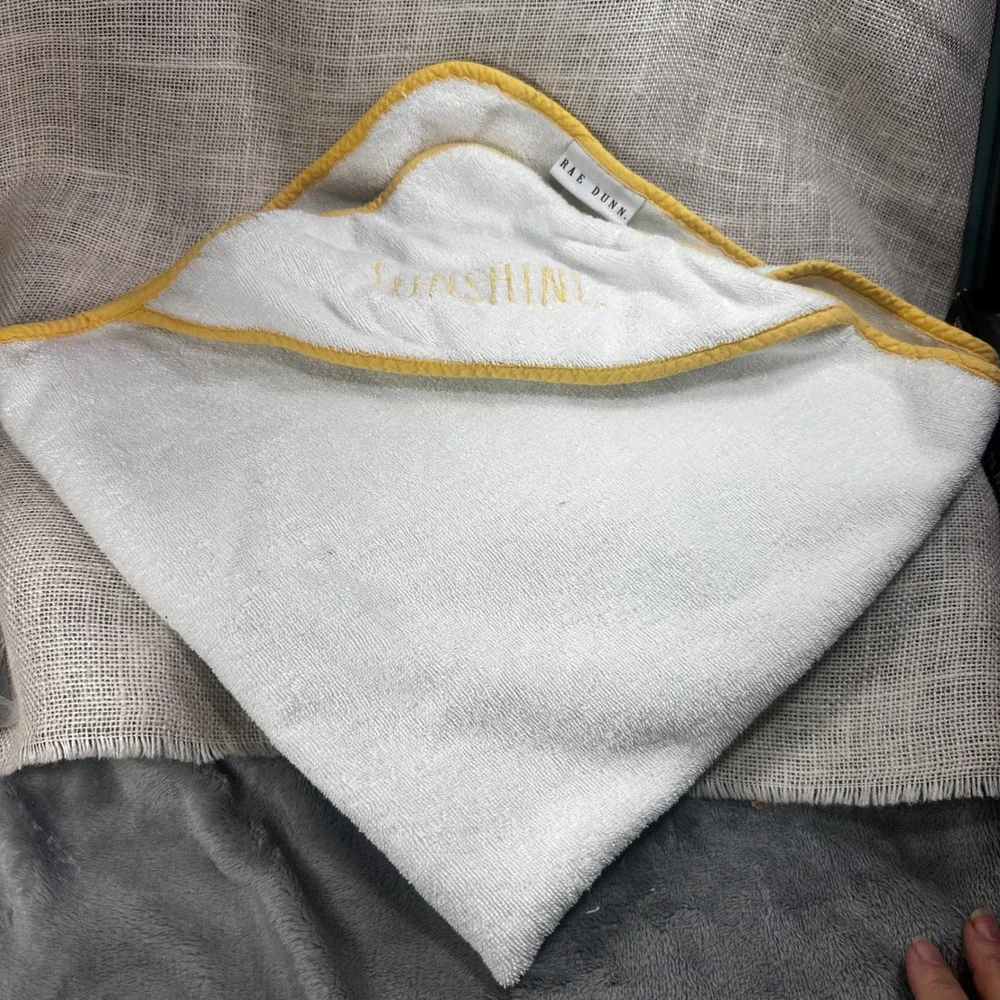 Rae Dunn Sunshine Hooded Baby Towel White Yellow Trim Terry Cloth Embroidery